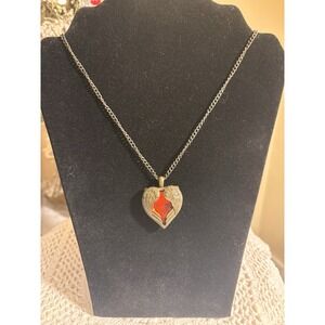 SUMNI RED CRYSTAL HEART ANGEL WINGS BRONZE VINTAGE NECKLACE